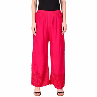                       Riya Free size rayon  chickankari Pink colour palazzo pant or trouser                                              