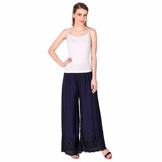                       Riya Free size rayon  chickankari Blue colour palazzo pant or trouser                                              