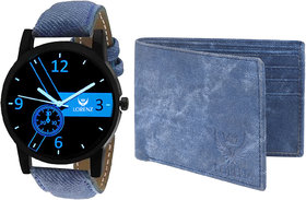 LORENZ CM-2014WL-05 Combo ofMen's Black Dial Analogue Watch and Blue Denim Wallet